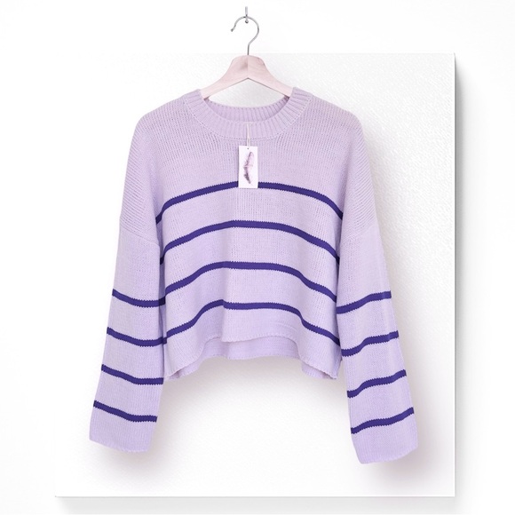 Jessica Simpson Cropped Sweater Knit Stripe Drop Shoulder Round Neck Pullover - Picture 1 of 7